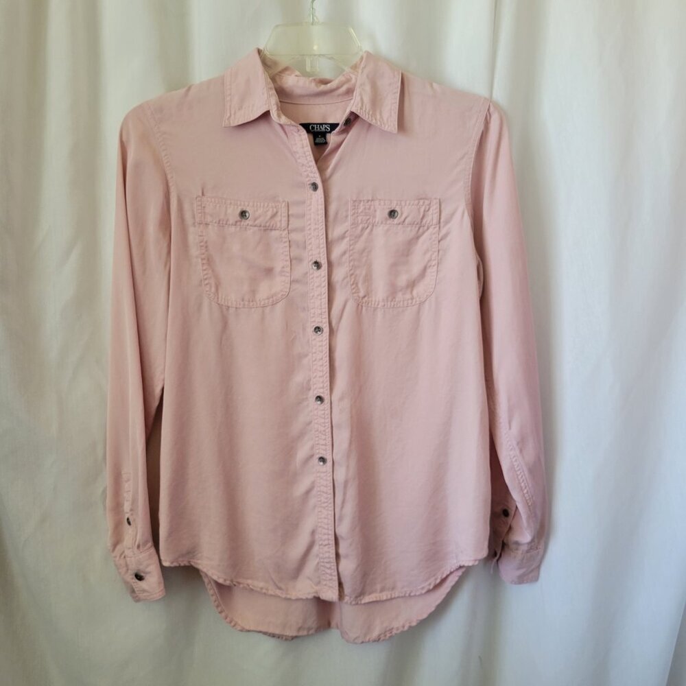 Chaps Pink Blouse Button Front long sleeves Lyocell pockets Medium Flowy EUC